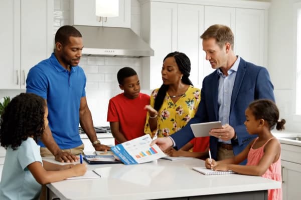 A family speaks with a realtor about selling their home.